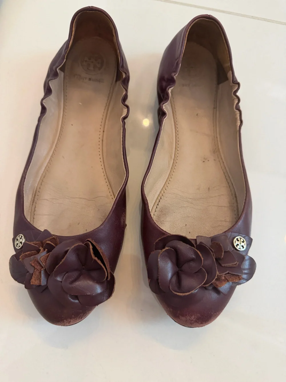 Tory Burch Burgundy Leather Flower Ballet Flats